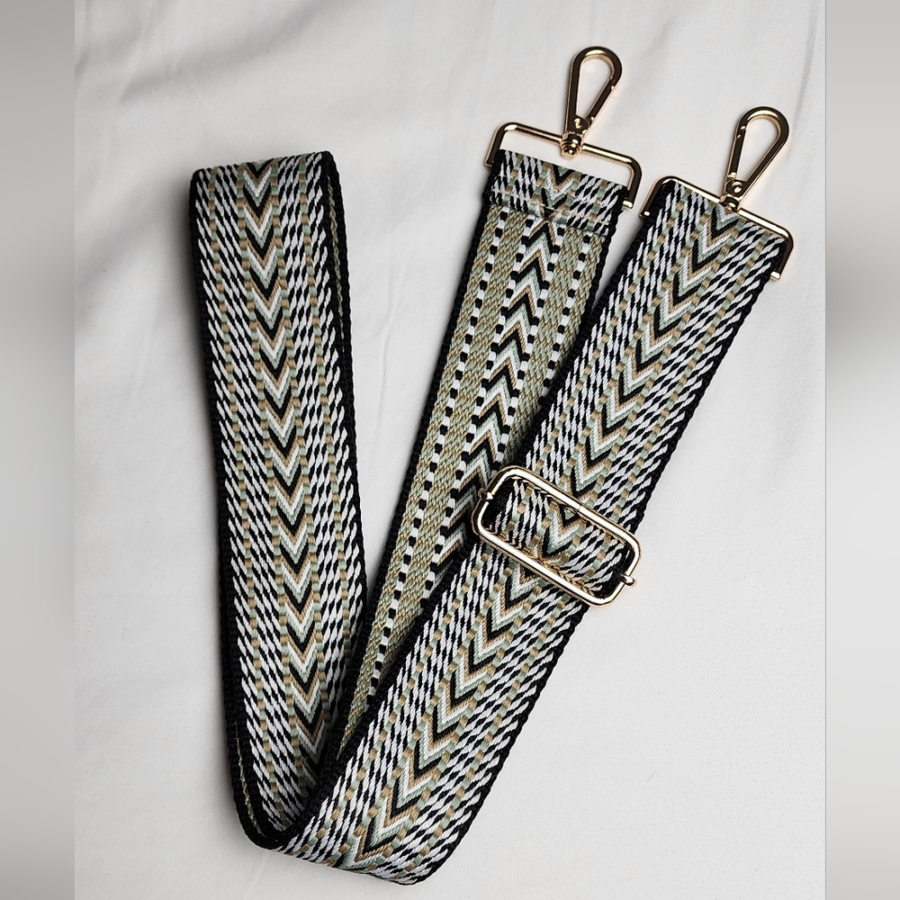 Ahdorned Embroidered Woven Purse Strap Black White Khaki